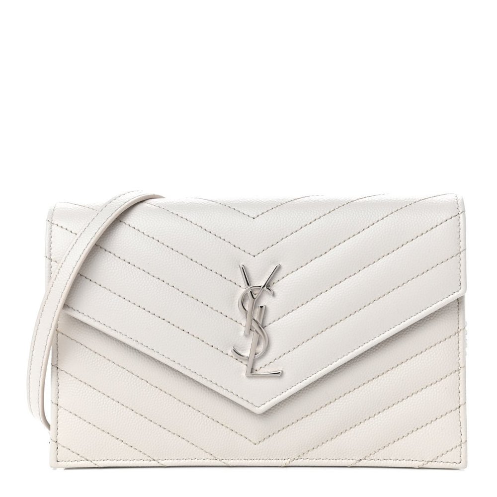 SAINT LAURENT Grain De Poudre Chevron Monogram Envelope WOC in Optic White